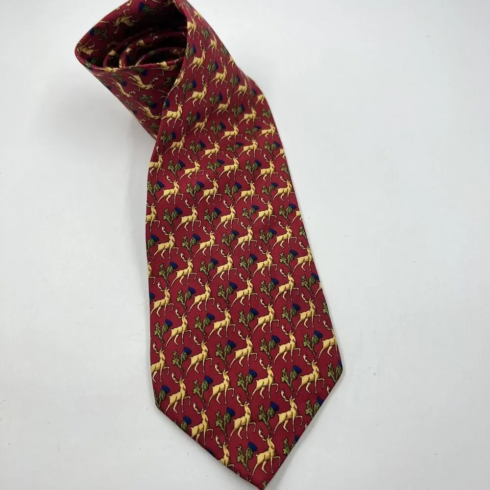 Gap Premium Tie Silk USA Made Red Gold Deer Stag Blue Green Flowers Vintage